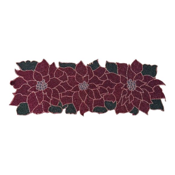 Pier 1 Heavily Glass Beaded Christmas Table Runner Red Green Poinsettias 36" - Picture 1 of 5